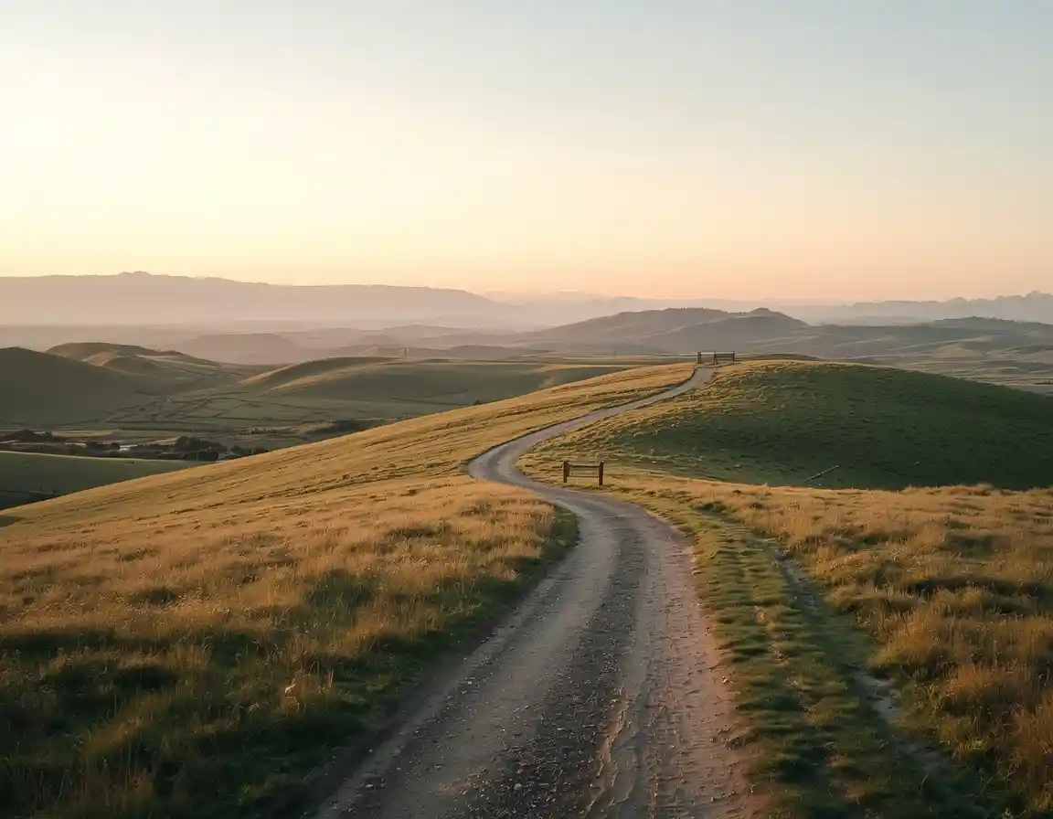 Soft landscape pathway winding through open morning terrain with gentle hills